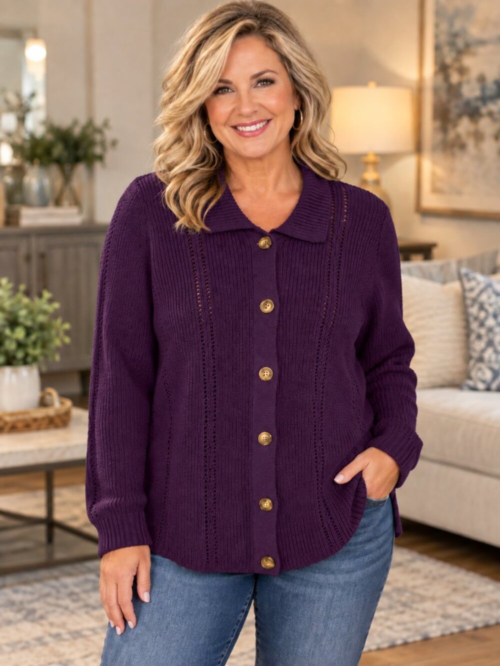 COLDWATER CREEK Cardigan Sweater Collared Button-Up Deep Purple NWOT 1X